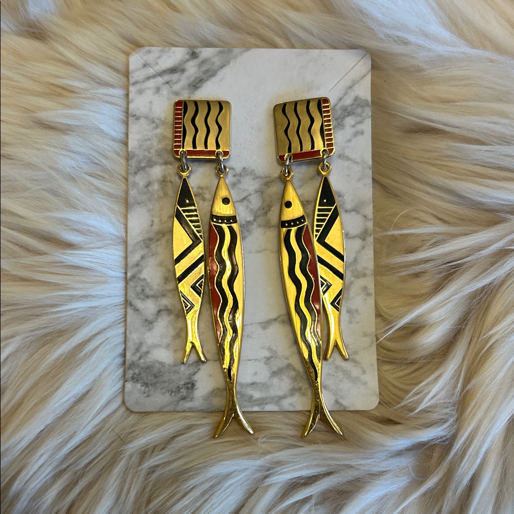 Vintage Laurel Burch Gold And Black Fish Dangle Earrings